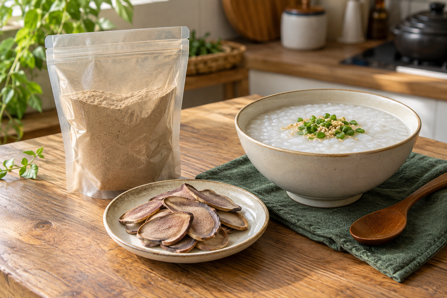 Minh họa nhung hươu dạng lát, dạng bột và món cháo đã nấu chín
