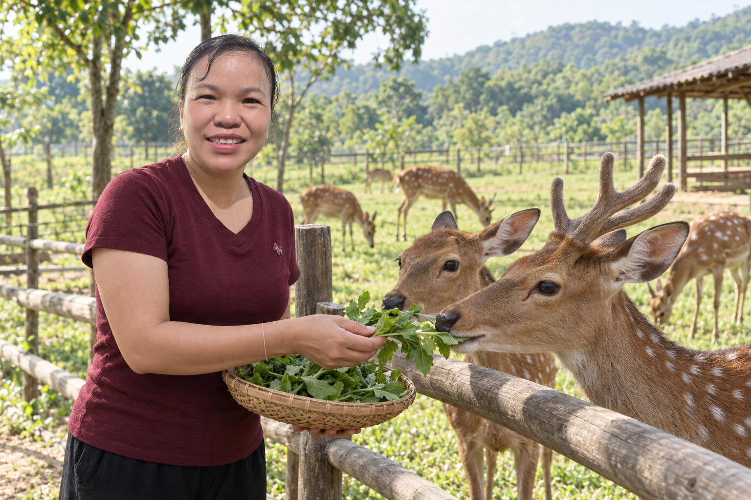 Ảnh AI minh họa chị Kim Thoa đang cho đàn hươu sao ăn rau xanh